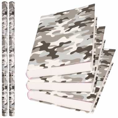 2x rollen kadopapier / schoolboeken kaftpapier camouflage grijs 200 x 70 cm