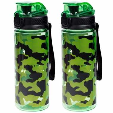 2x sport bidon drinkfles/waterfles camouflage print groen 600 ml