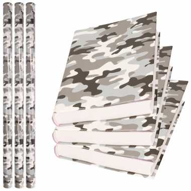 3x rollen kadopapier / schoolboeken kaftpapier camouflage grijs 200 x 70 cm