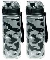 2x sport bidon drinkfles waterfles camouflage print grijs 600 ml