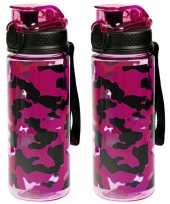 2x sport bidon drinkfles waterfles camouflage print roze 600 ml